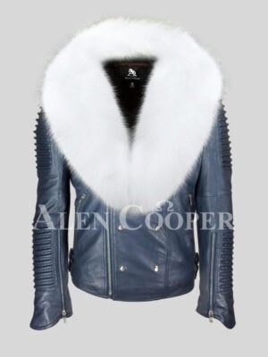 Men’s iconic sheepskin super warm navy biker jacket with snow white wide fox fur collar