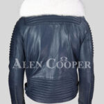 Men’s iconic sheepskin super warm navy biker jacket with snow white wide fox fur collar Back side view