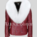 Men’s ideal mid-length real leather biker jacket with white fox fur collar