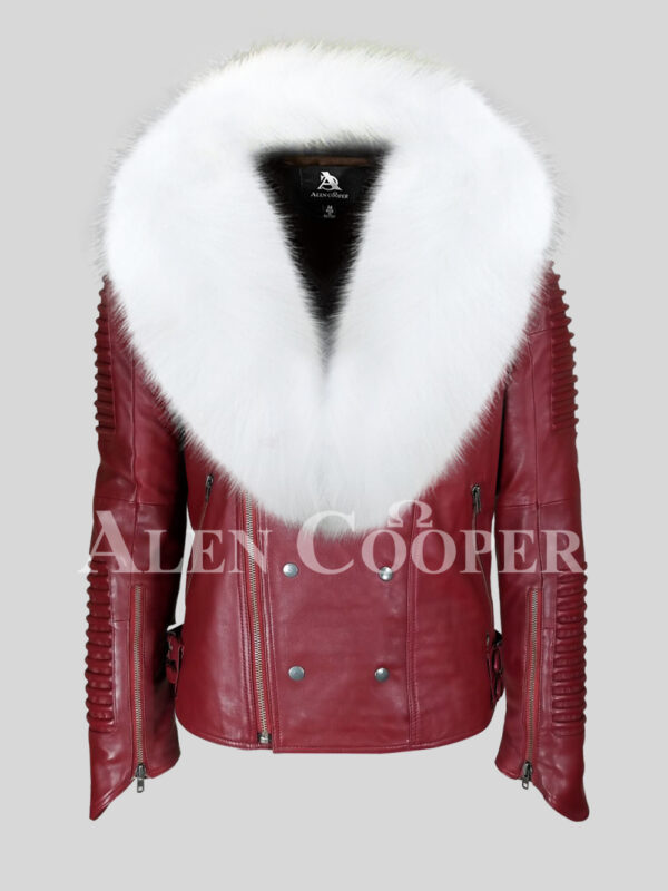 Men’s ideal mid-length real leather biker jacket with white fox fur collar