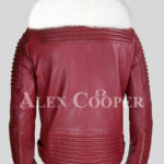 Men’s ideal mid-length real leather biker jacket with white fox fur collar baxk side view