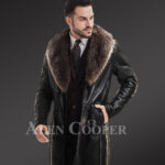 Men’s long and solid coal black natural fur lamb coat with rich raccoon fur collar new