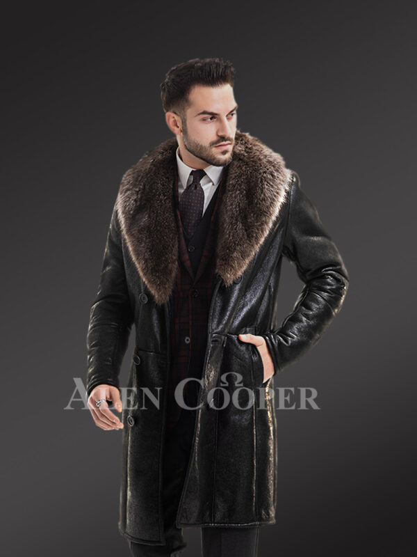 Men’s long and solid coal black natural fur lamb coat with rich raccoon fur collar new
