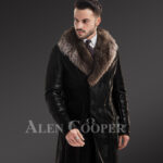 Men’s long and solid coal black natural fur lamb coat with rich raccoon fur collar new view