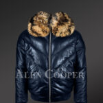 Men’s navy real leather v bomber winter jacket with real raccoon fur collar new
