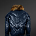 Men’s navy real leather v bomber winter jacket with real raccoon fur collar new Back side view