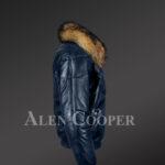 Men’s navy real leather v bomber winter jacket with real raccoon fur collar new side view