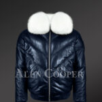 Men’s navy real leather vintage v bomber jacket with snow white real fox fur collar new