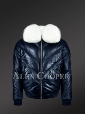 Men’s navy real leather vintage v bomber jacket with snow white real fox fur collar new