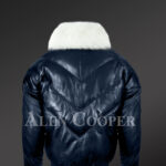 Men’s navy real leather vintage v bomber jacket with snow white real fox fur collar new back side view