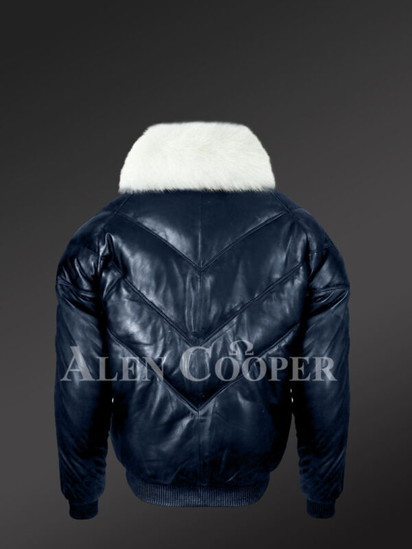 Men’s navy real leather vintage v bomber jacket with snow white real fox fur collar new back side view