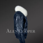Men’s navy real leather vintage v bomber jacket with snow white real fox fur collar new side view