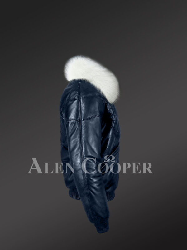Men’s navy real leather vintage v bomber jacket with snow white real fox fur collar new side view