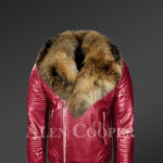 Men’s pure leather winter wine biker jacket with real raccoon fur collar new