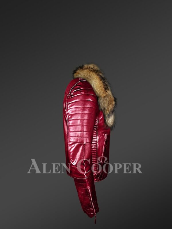 Men’s pure leather winter wine biker jacket with real raccoon fur collar new side view
