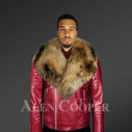 Men’s pure leather winter wine biker jacket with real raccoon fur collar new with Model