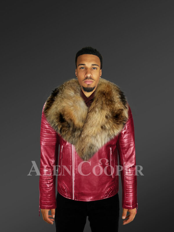 Men’s pure leather winter wine biker jacket with real raccoon fur collar new with Model