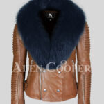 Men’s real leather tan jacket with stylish navy fox fur collar