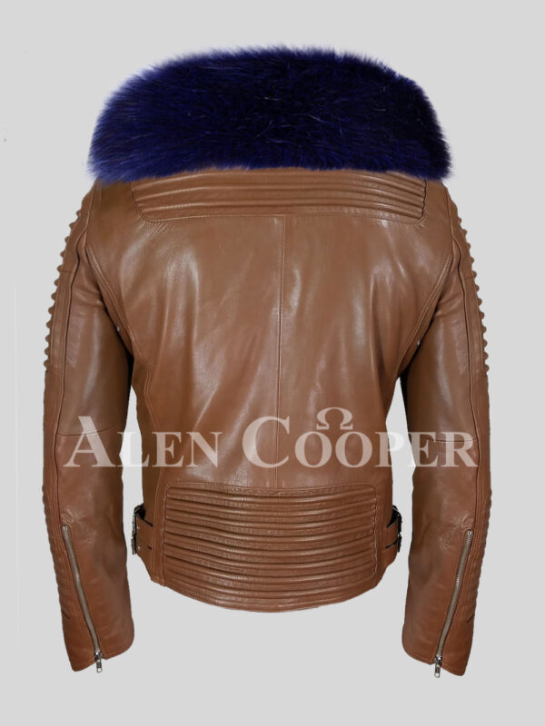 Men’s real leather tan jacket with stylish navy fox fur collar back side view