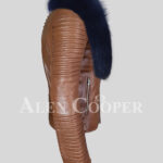 Men’s real leather tan jacket with stylish navy fox fur collar side view