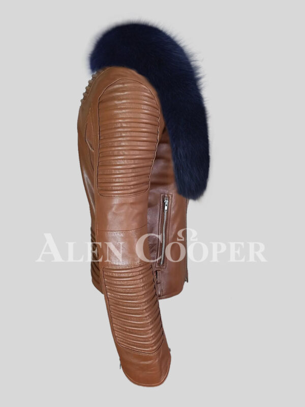 Men’s real leather tan jacket with stylish navy fox fur collar side view