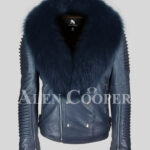 Men’s solid navy real leather winter biker jacket with navy fox fur collar