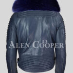 Men’s solid navy real leather winter biker jacket with navy fox fur collar back side view