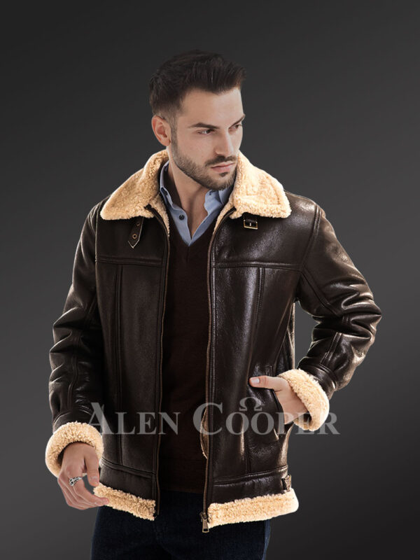 Men’s solid stylish mid length sheepskin coat with merino fur inner lining new views