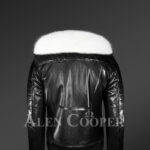 Men’s stunning black real leather jacket with white fox fur collar new back side view