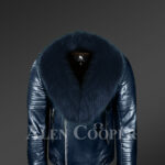 Men’s stunning navy real leather jacket with navy fox fur collar new