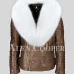 Men’s stylish coffee leather biker jacket with snow white fox fur collar
