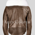 Men’s stylish coffee leather biker jacket with snow white fox fur collar back side view