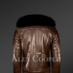 Men’s stylish real leather biker jacket in coffee with black fox fur collar back side view new