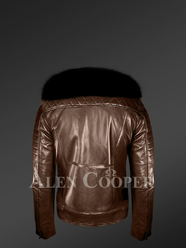 Men’s stylish real leather biker jacket in coffee with black fox fur collar back side view new