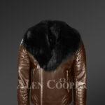 Men’s stylish real leather biker jacket in coffee with black fox fur collar new
