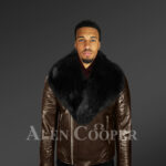 Men’s stylish real leather biker jacket in coffee with black fox fur collar new with model