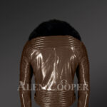 Men’s super smooth and warm real leather winter biker jacket with black fox fur collar back side view