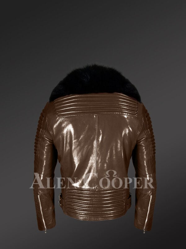 Men’s super smooth and warm real leather winter biker jacket with black fox fur collar back side view