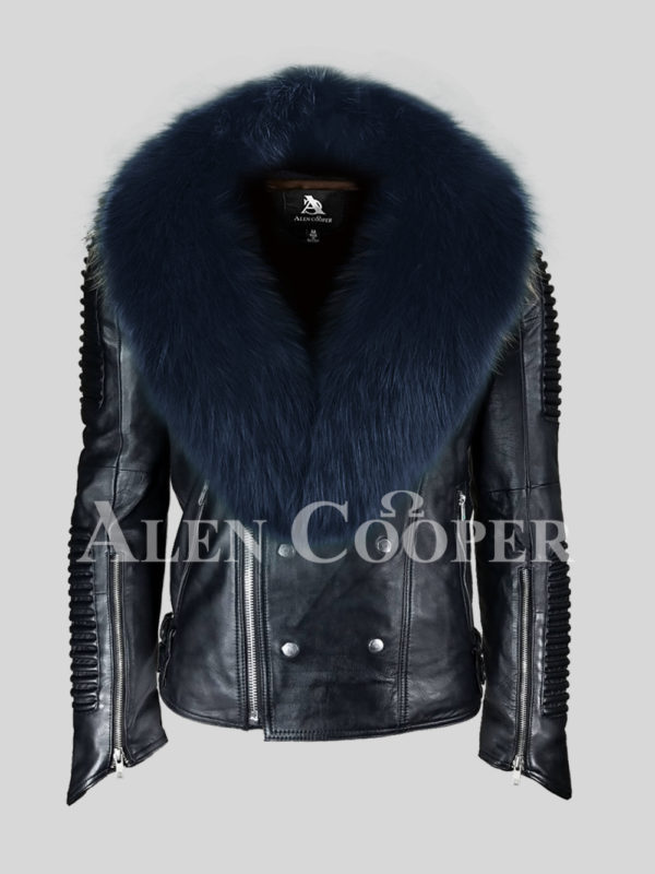 Men’s super stylish and sturdy real leather black biker jacket with navy fox fur collar