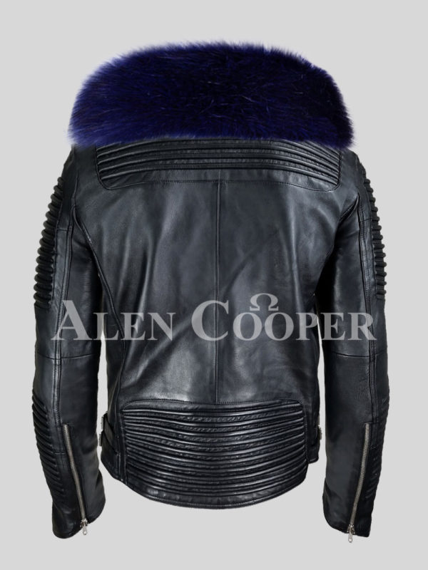 Men’s super stylish and sturdy real leather black biker jacket with navy fox fur collar back side view
