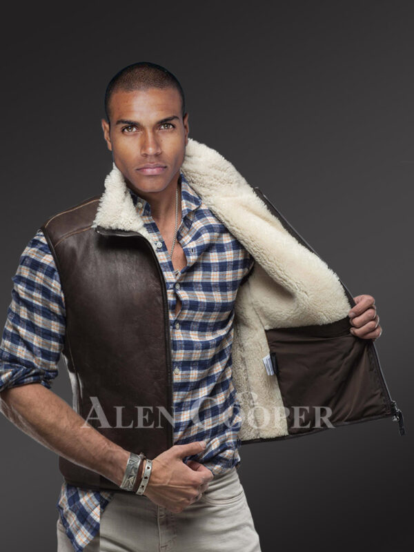 Men’s super warm stylish and solid double face shearling vest in brown new inner view