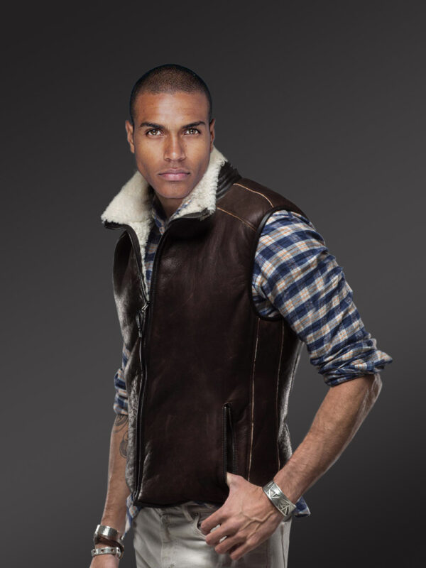 Men’s super warm stylish and solid double face shearling vest in brown new side view