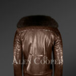 Men’s warm and stylish coffee real leather biker jacket with coffee fur collar back side view
