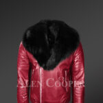 Men’s wine real leather biker jacket with black fox fur collar new view