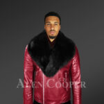 Men’s wine real leather biker jacket with black fox fur collar new view with Model