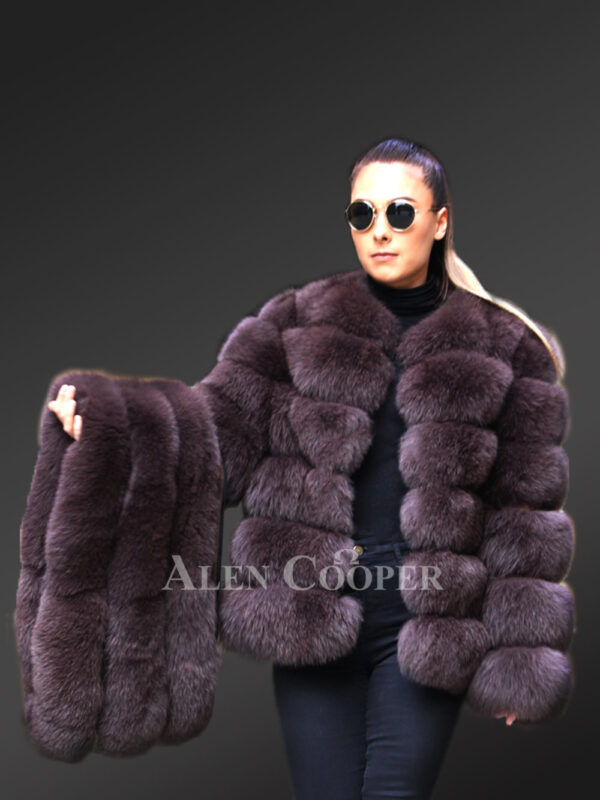 Mid-length real fox fur paragraph warm winter coat for women In purple New