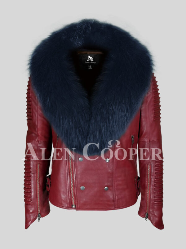 Mid-length wine winter biker jacket with navy fox fur collar for men