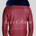 Mid-length wine winter biker jacket with navy fox fur collar for men baxk side view