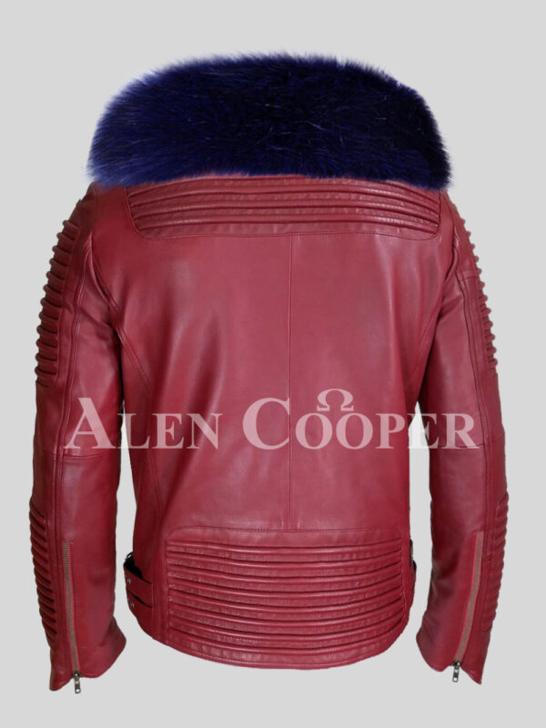Mid-length wine winter biker jacket with navy fox fur collar for men baxk side view