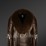 New Men’s coffee real leather biker jacket with leather ribs and coffee fur collar